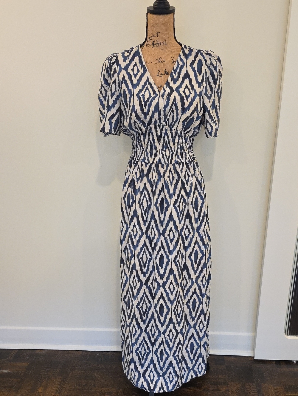COSTES Blue & White Ikat Maxi Dress with Smocked Waist